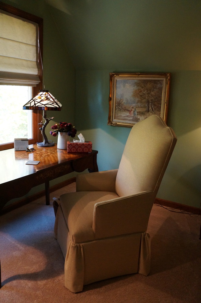 Photo of a large arts and crafts study room in Indianapolis with carpet and a built-in desk.
