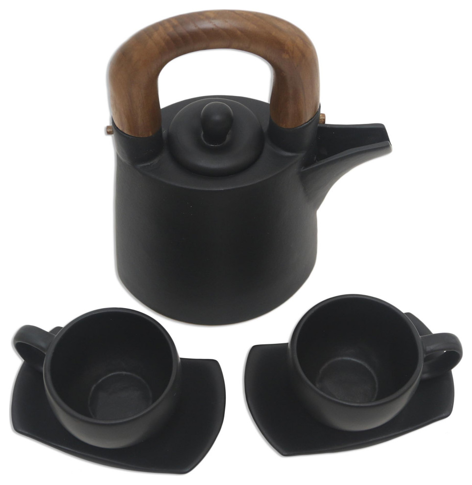Novica Handmade Midnight Cup Ceramic And Teak Wood Tea Set (5 Pcs
