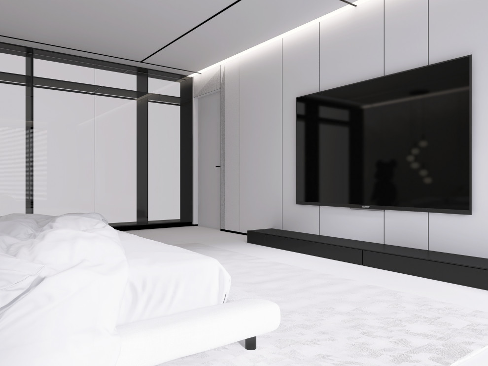 Белая спальня в стиле минимализм.  Основная чертами этой спальни это большая гар