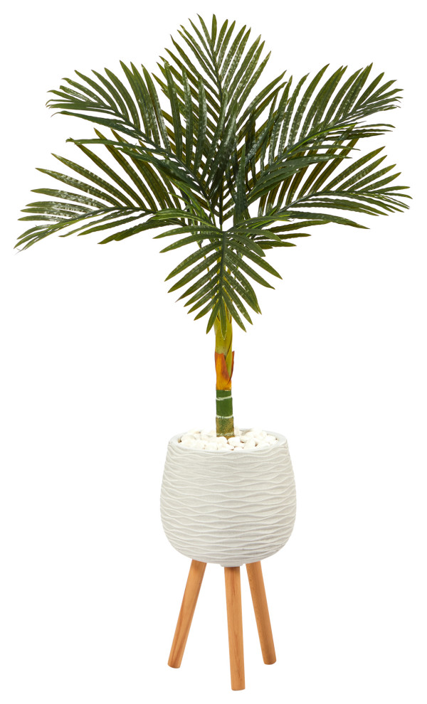 4.5' Golden Cane Artificial Palm Tree, White Planter With Stand