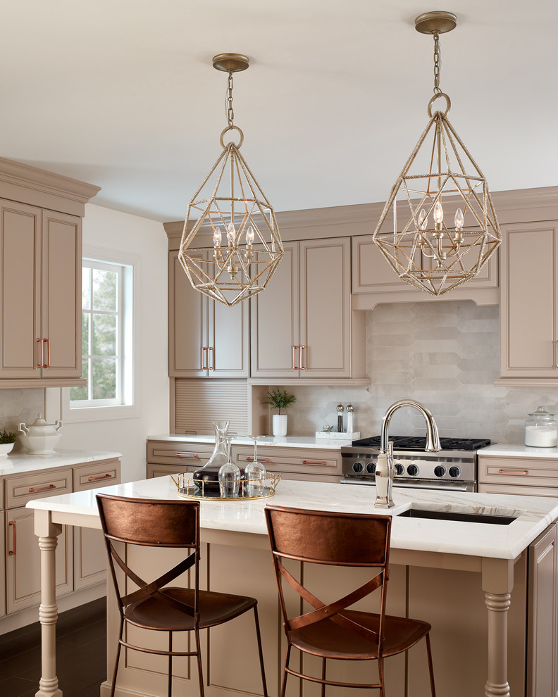 Kitchen - mid-sized transitional l-shaped dark wood floor and brown floor kitchen idea with a single-bowl sink, raised-panel cabinets, marble countertops, gray backsplash, stone tile backsplash, an island and beige cabinets