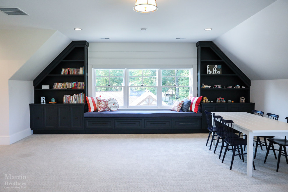 Bunkroom Cabinetry - Children's bunkroom and playroom; complete with built-in bunk beds that sleep 4, television, library and attached bath. Custom made bunk beds include shelves stairs and lighting.

General contracting by Martin Bros. Contracting, Inc.; Architecture by Helman Sechrist Architecture; Home Design by Maple & White Design; Photography by Marie Kinney Photography.

Images are the property of Martin Bros. Contracting, Inc. and may not be used without written permission. — with Maple & White Design and Ayr Cabinet Company.
