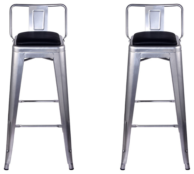 Metal Silver Bar Stools With Lowback Vegan Leather Seat, Set of 2