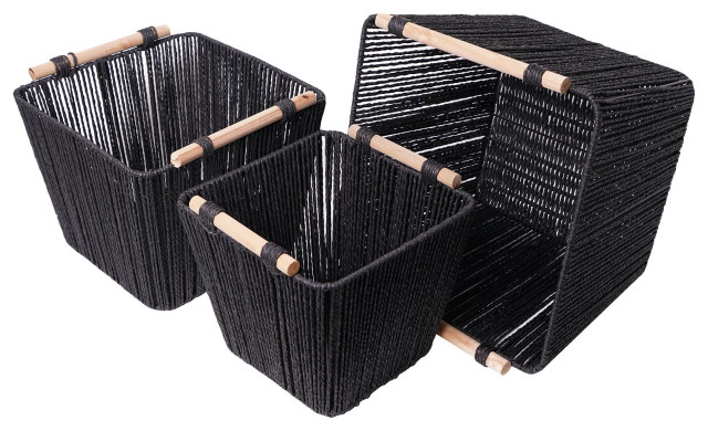 Boho Black Paper and Natural Rope Woven Storage Basket with Handles Set of  3 - Beach Style - Baskets - by American Art Decor, Inc. | Houzz