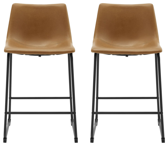 24" Industrial Faux Leather Counter Stools, Set of 2, Whiskey Brown