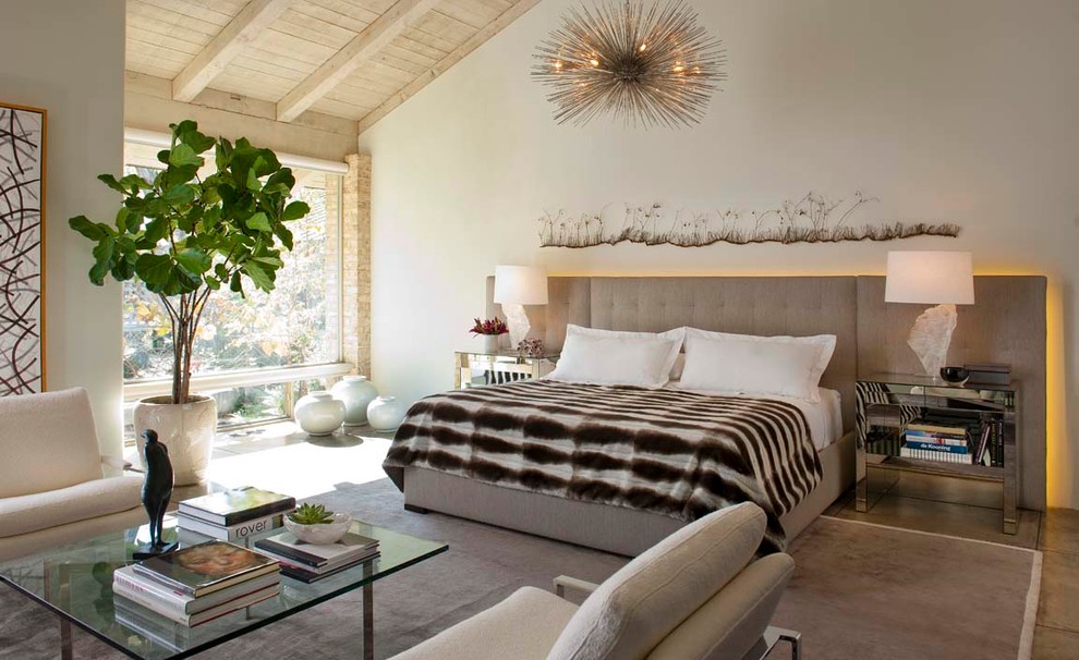 Photo of a contemporary bedroom in Dallas with white walls.