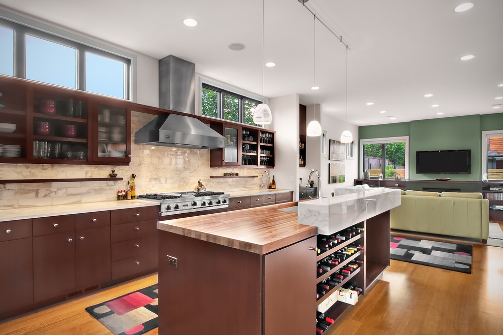 Design ideas for a contemporary open plan kitchen in Seattle with wood benchtops, stainless steel appliances, open cabinets and brown cabinets.