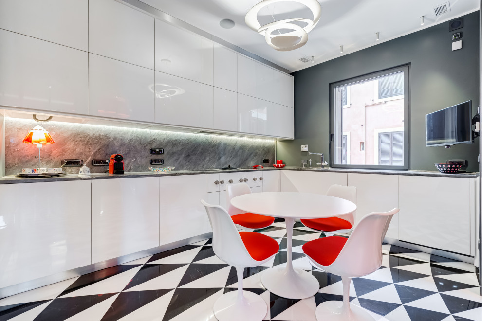 Design ideas for a mid-sized contemporary u-shaped open plan kitchen in Rome with white cabinets, grey splashback, no island, multi-coloured floor, grey benchtop, marble floors, an undermount sink, flat-panel cabinets, marble benchtops, marble splashback and stainless steel appliances.