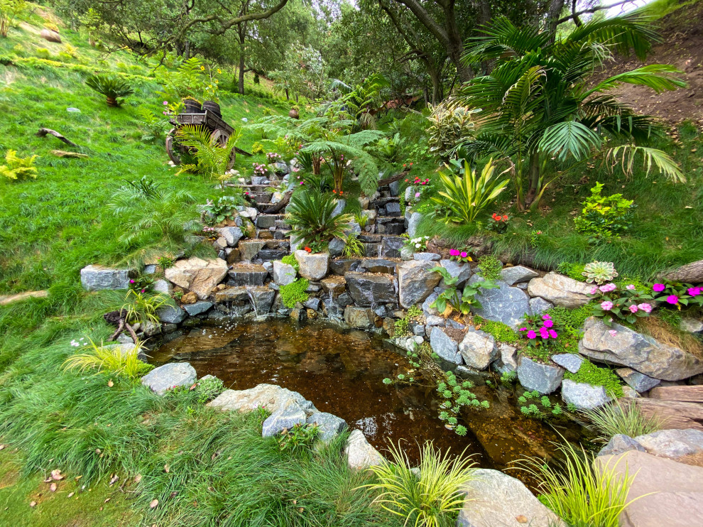 Idéer för att renovera en stor orientalisk trädgård i delvis sol flodsten på sommaren, med en damm