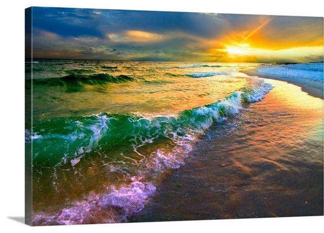 Breaking Wave Sunset Red Seascape, Seascapes Wave Design Coastal Area Rugs