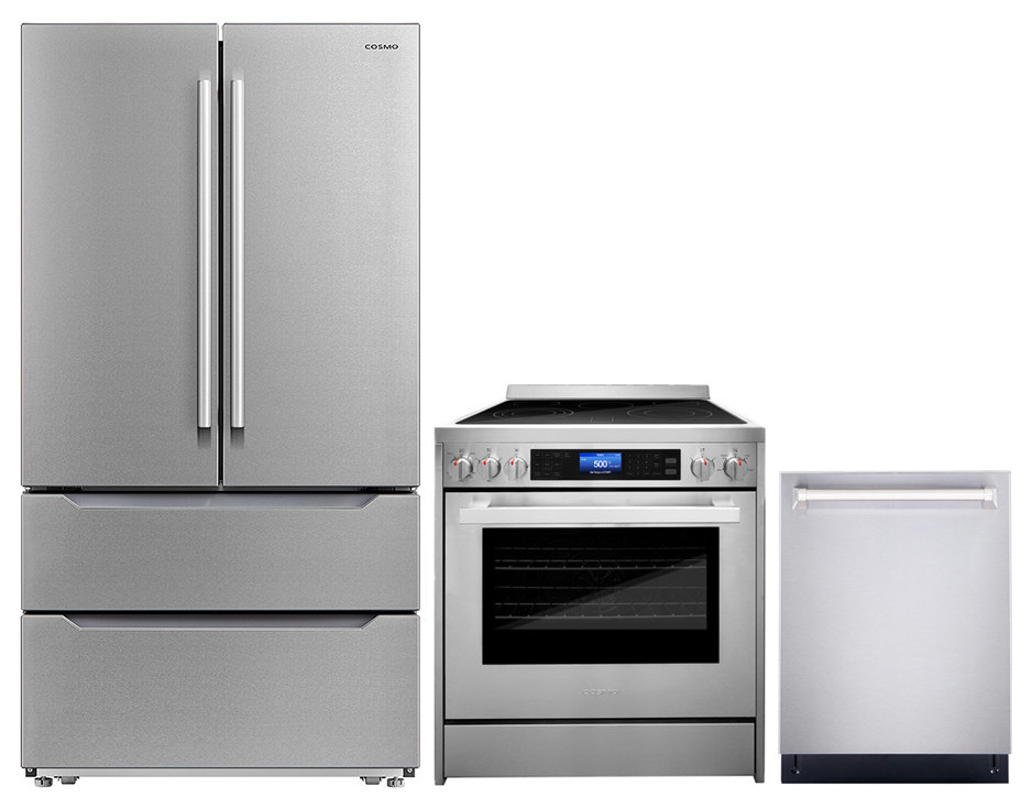 3Piece, 30" Electric Range 24" Dishwasher & French Door Refrigerator