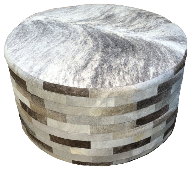 Cowhide 36 Round Patchwork Ottoman Contemporary Footstools