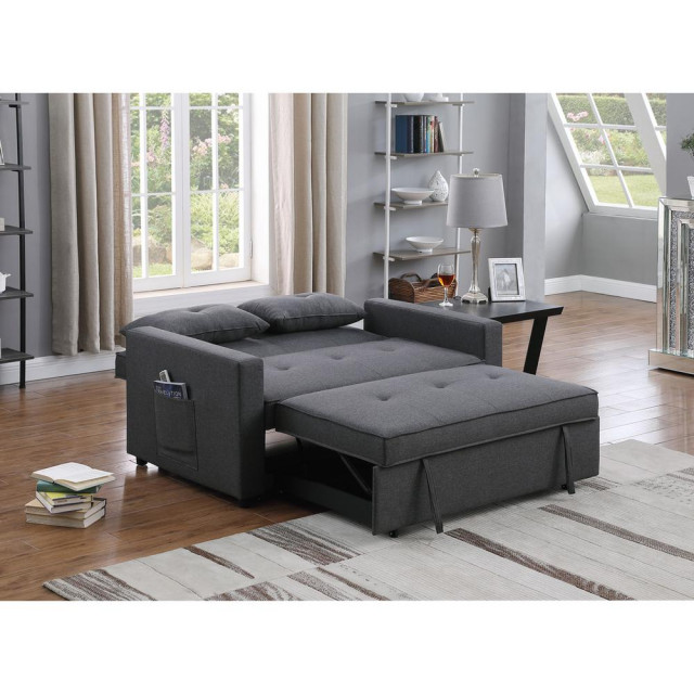 Zoey Dark Gray Linen Convertible Sleeper Loveseat With Side Pocket ...