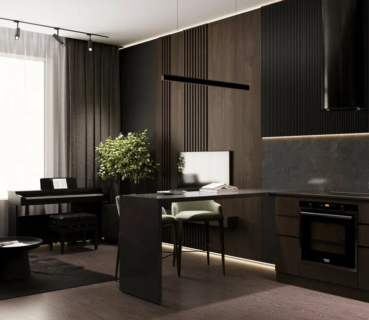 Квартира 54 м² для молодого человека в темных тонах с яркими акцентами