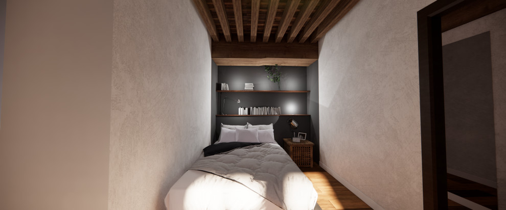 На фото: спальня среднего размера, в белых тонах с отделкой деревом в стиле фьюжн с белыми стенами, паркетным полом среднего тона, коричневым полом и балками на потолке без камина с
