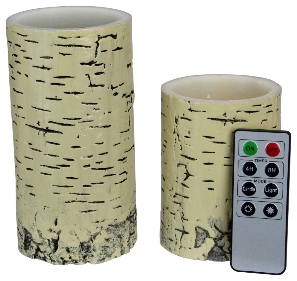Set of 2 Faux Birch LED Pillar Candles with Remote Control 6" Modern