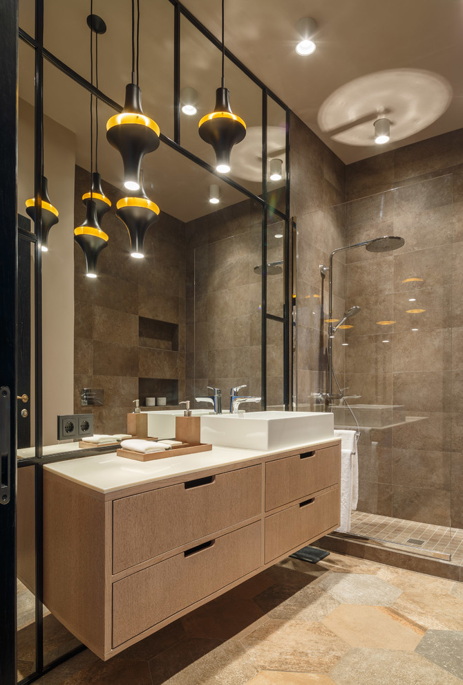 Inspiration for a contemporary 3/4 bathroom in Moscow with flat-panel cabinets, light wood cabinets, an alcove shower, brown tile, porcelain floors, a vessel sink, engineered quartz benchtops, beige floor, white benchtops, beige walls and an open shower.