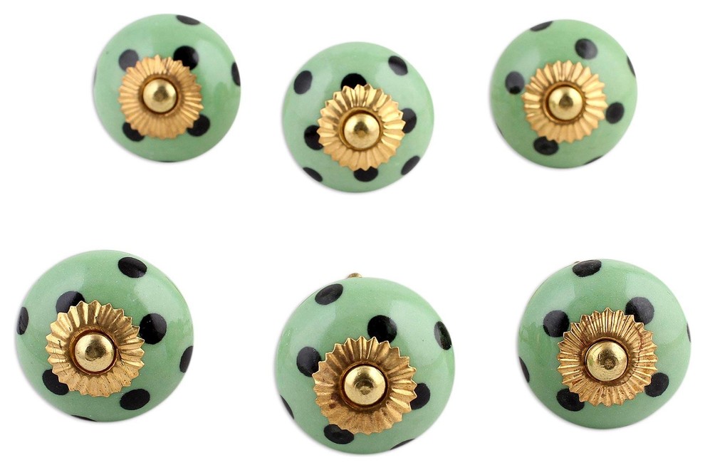 Polka Dot Green Ceramic Knobs, Set of 6 Contemporary And