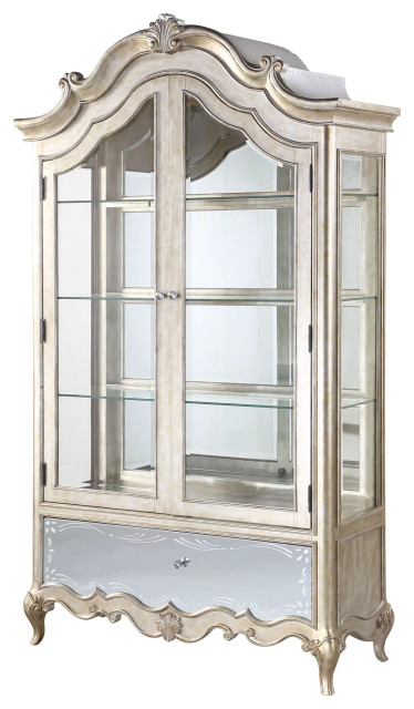 Elegant China Cabinet, Unique Carved Frame With Glass Doors, Antique Champagne