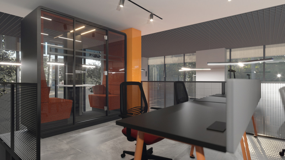 Стильный дизайн: рабочее место среднего размера в стиле лофт с серыми стенами, полом из керамогранита, отдельно стоящим рабочим столом, серым полом и многоуровневым потолком - последний тренд