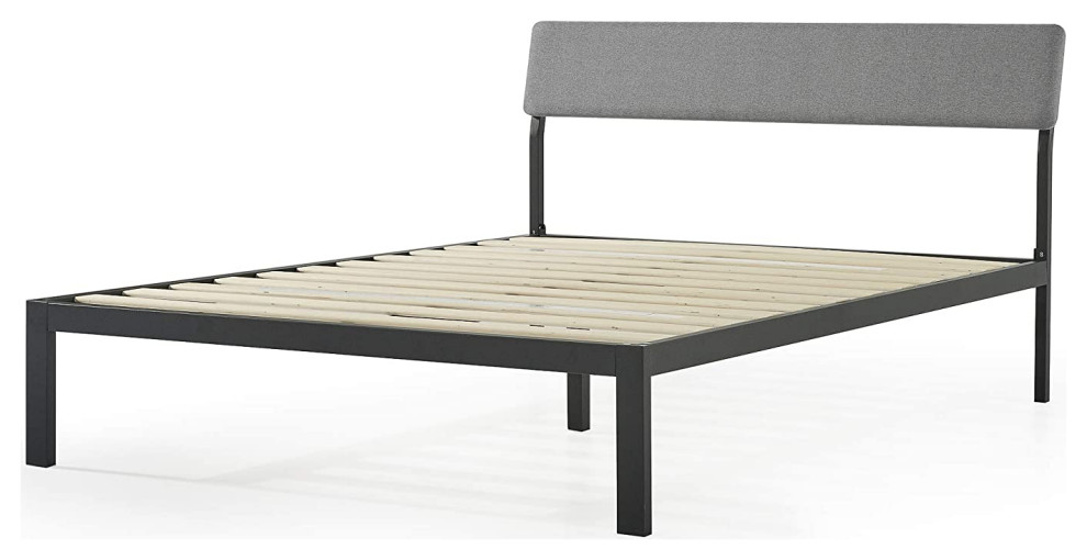 Queen Size Platform Bed, Sleek Metal Frame and Angled Upholstered