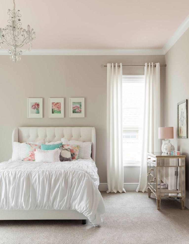 Transitional kids' bedroom in Dallas with grey walls and carpet for kids 4-10 years old and girls.