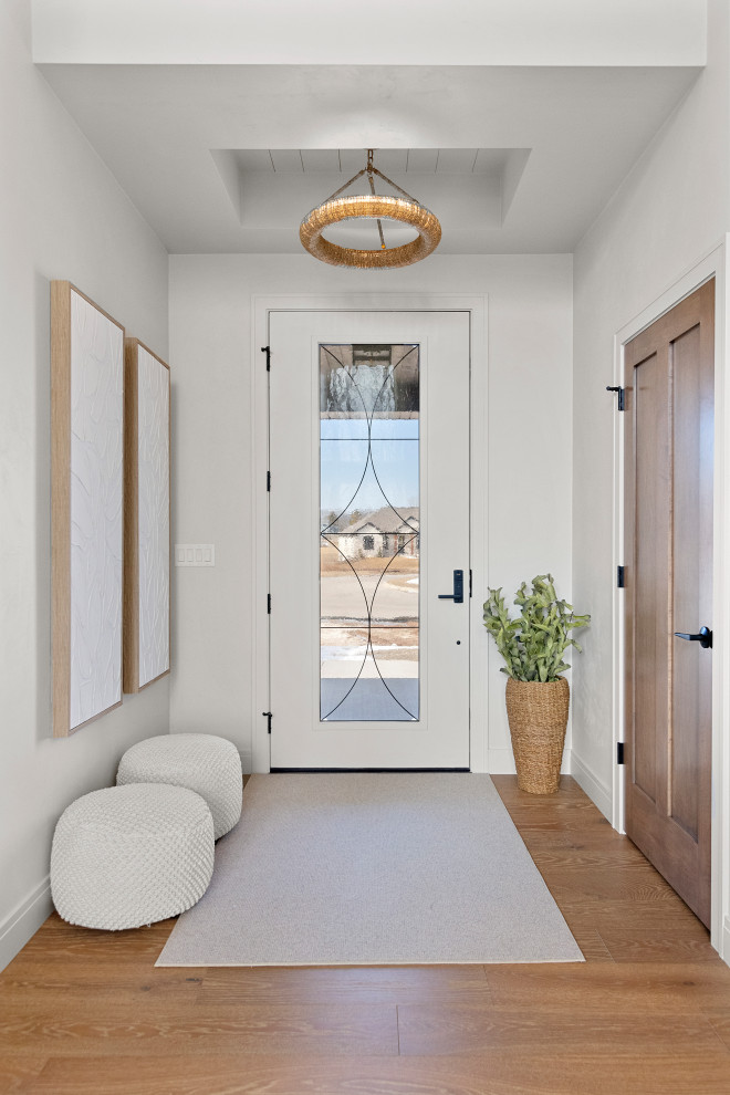 Foyer - mid-sized transitional medium tone wood floor, brown floor and tray ceiling foyer idea with white walls and a white front door
