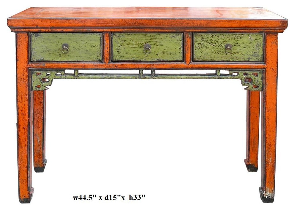 Chinese Orange Green Rustic Lacquer Altar Console Table