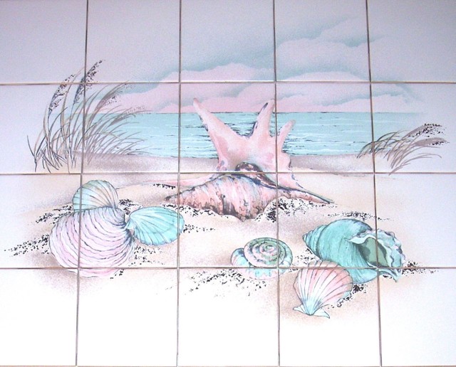 Sea Shell Kiln Fired Ceramic Tile Mural Beach Theme Backsplash, 20-Piece Set