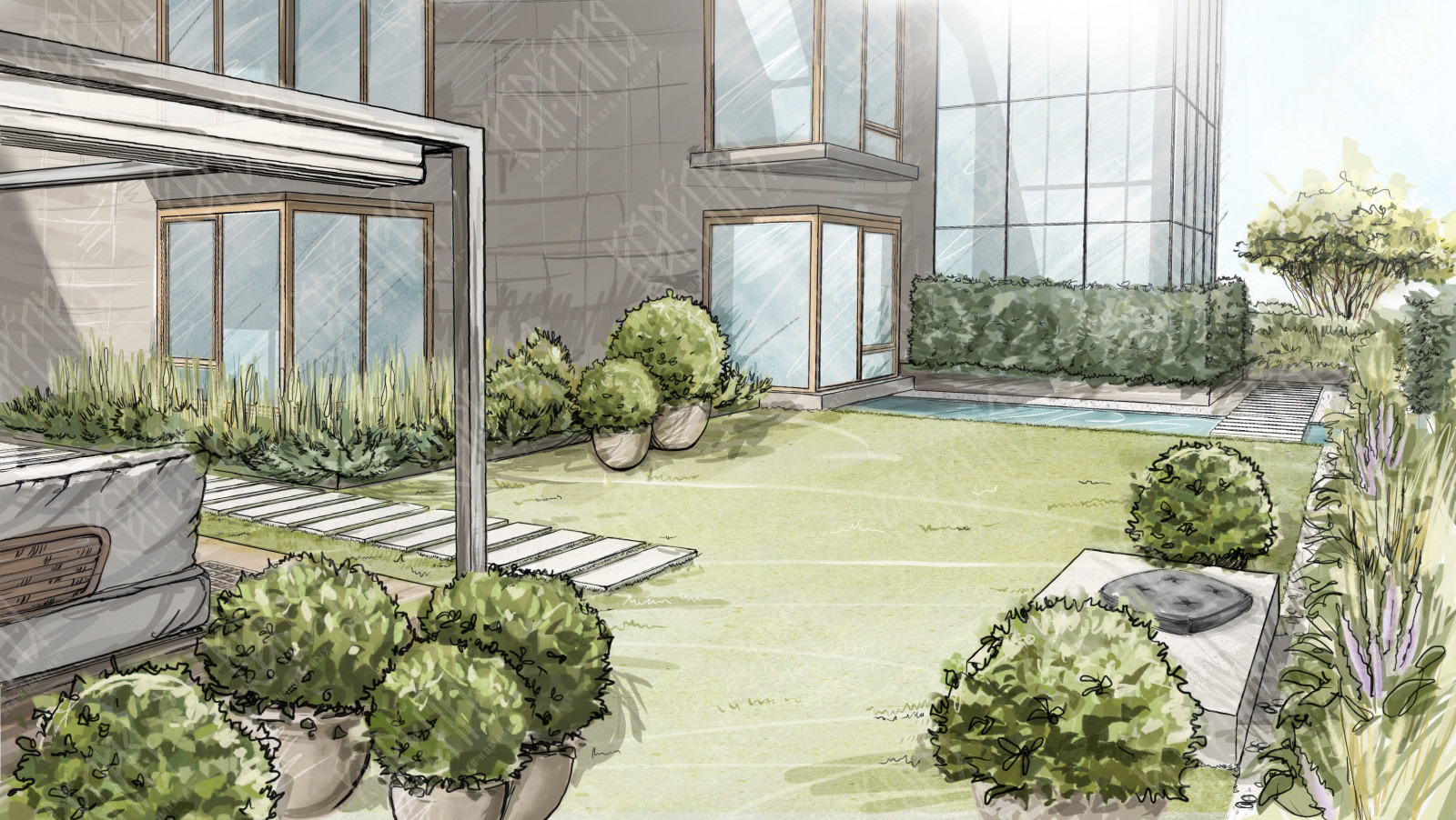 Вид на лужайку террасы