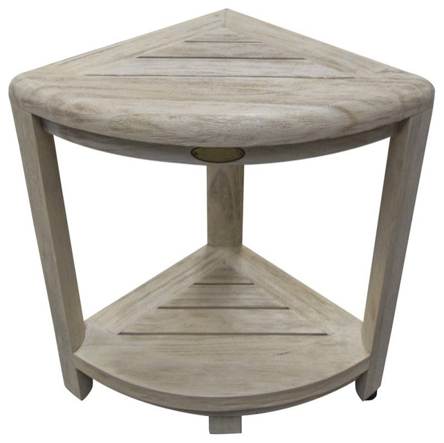 Compact Teak Corner Shower Stool With Shelf, Whitewash Driftwood