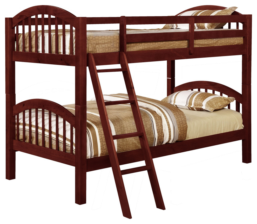 Cherry Finish Wood Arched Design Twin Size Convertible Bunk Bed