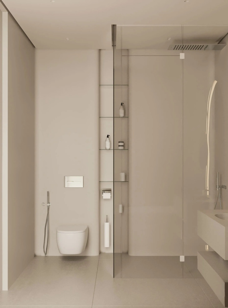 Photo of a mid-sized modern 3/4 bathroom in Los Angeles with beige tile, beige walls, light hardwood floors, beige floor, a single vanity and a built-in vanity.