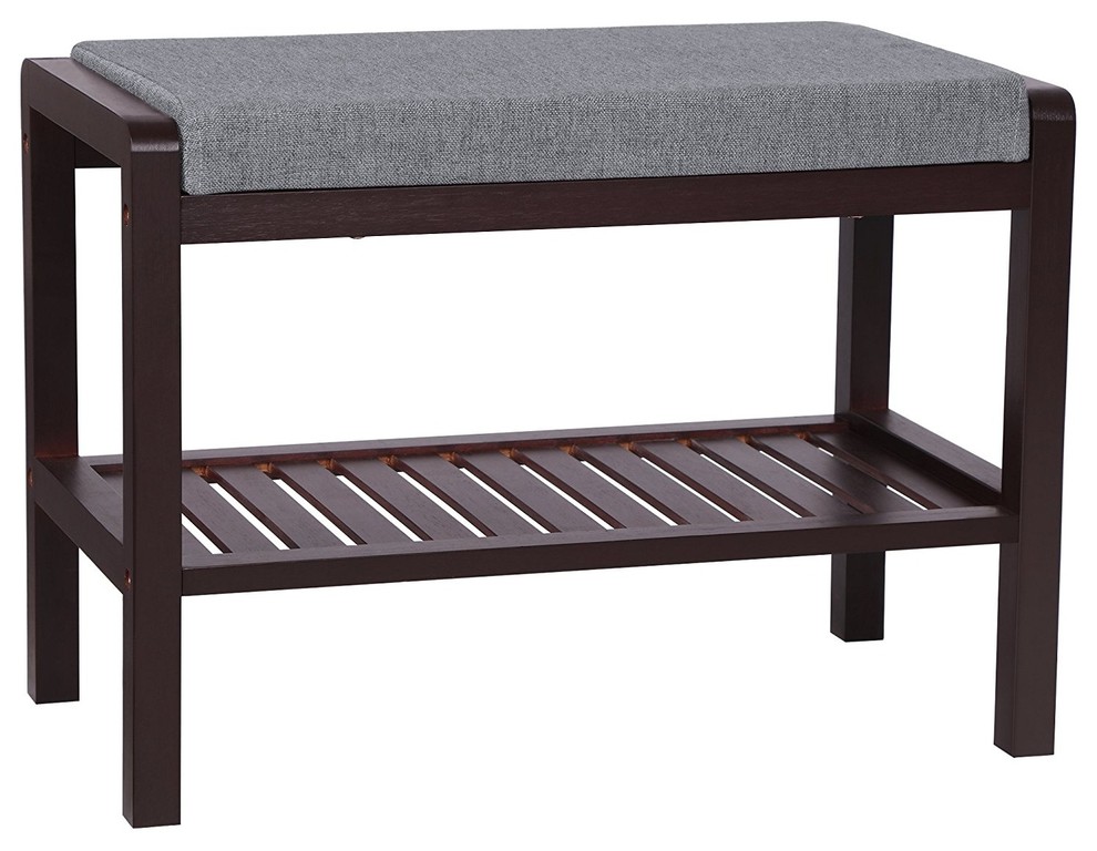 Shoe Bench Rack Bamboo Cushion Upholstered Padded Seat And Open