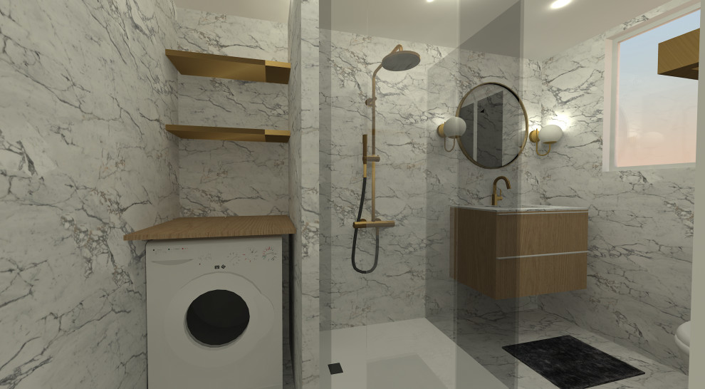 Ejemplo de cuarto de baño único y flotante moderno pequeño con ducha a ras de suelo, baldosas y/o azulejos blancos, baldosas y/o azulejos de mármol, aseo y ducha y ducha con puerta corredera