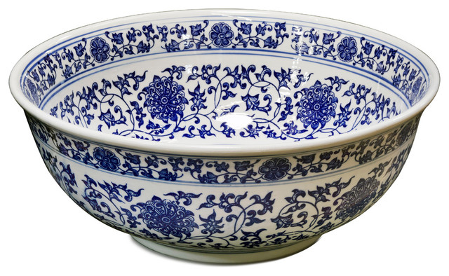 Porcelain Basin Sink Bowl With Blue And White Motif Asian Porcelain Basin Sink Bowl With Blue And White Motif Asian Decorative Bowls By China Furniture Arts
