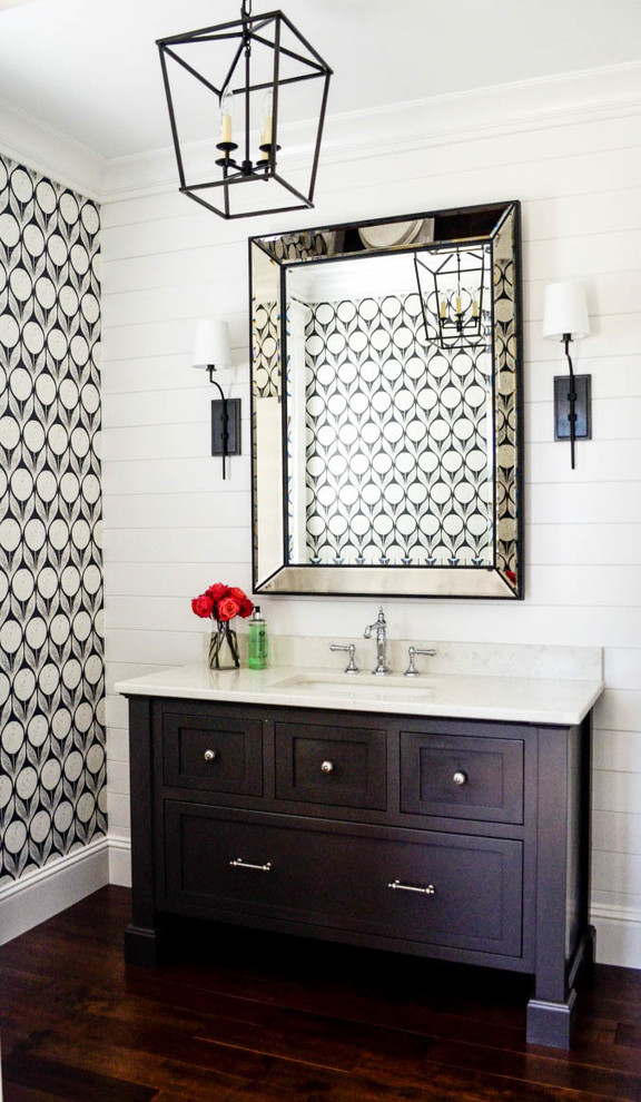 Example of a transitional 3/4 dark wood floor bathroom design with an undermount sink, flat-panel cabinets, gray cabinets and white walls