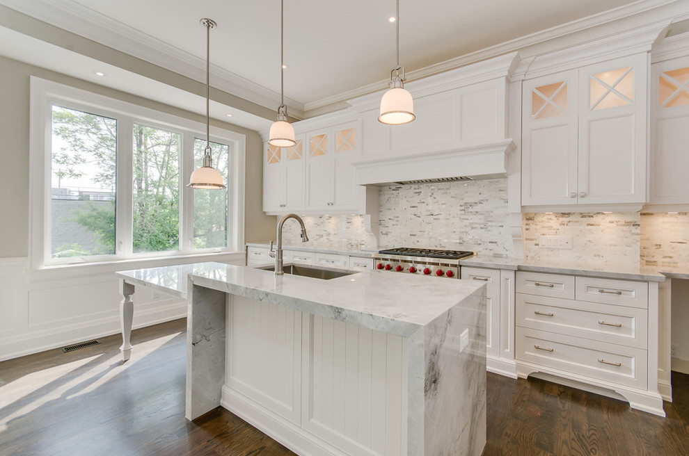 Large transitional l-shaped dark wood floor eat-in kitchen photo in Toronto with a single-bowl sink, flat-panel cabinets, white cabinets, wood countertops, white backsplash, mosaic tile backsplash and an island