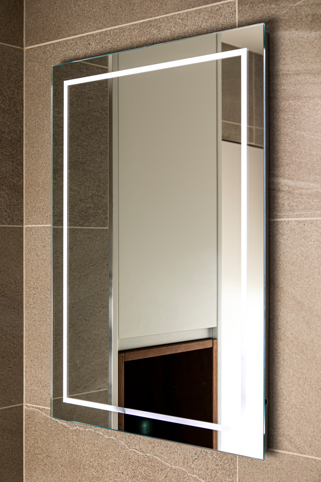 Example of a mid-sized minimalist kids' beige tile and limestone tile limestone floor, beige floor and single-sink tub/shower combo design in Other with flat-panel cabinets, white cabinets, wood countertops and a built-in vanity