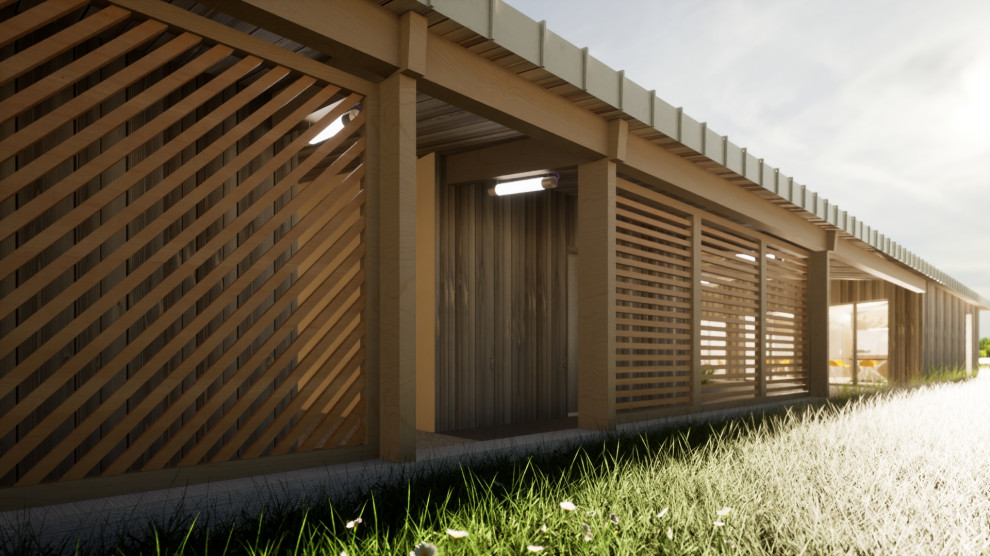 Cette image montre un porche d'entrée de maison latéral design de taille moyenne avec une dalle de béton, un auvent et un garde-corps en bois.