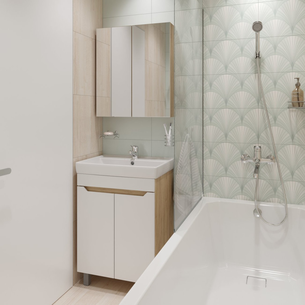 Светлая ванная комната (2,94 кв. м) в современном стиле ; Открывает новую вкладк