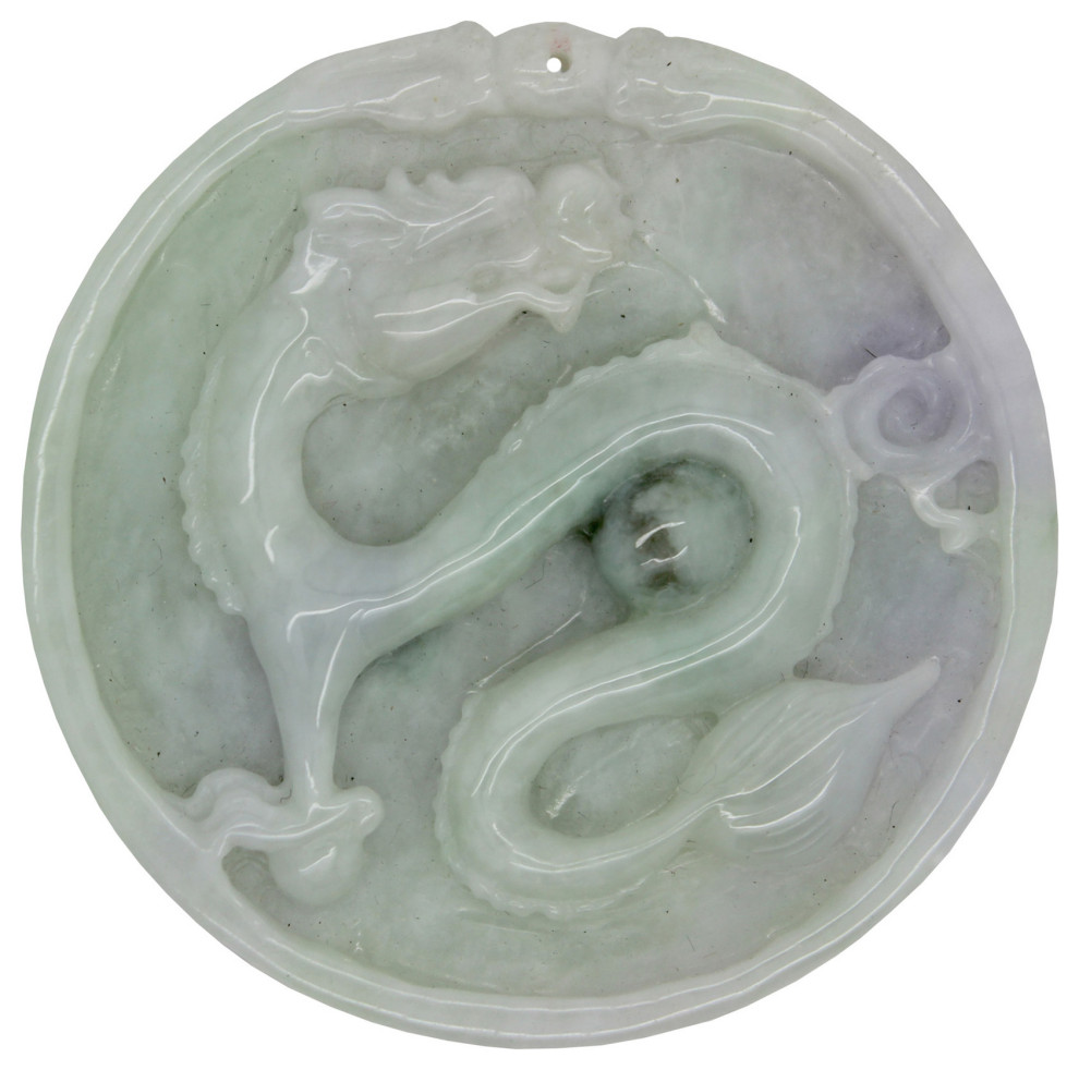 Green Jade Chinese Carved Zodiac Dragon Medallion Feng Shui Pendant Asian Decorative Objects