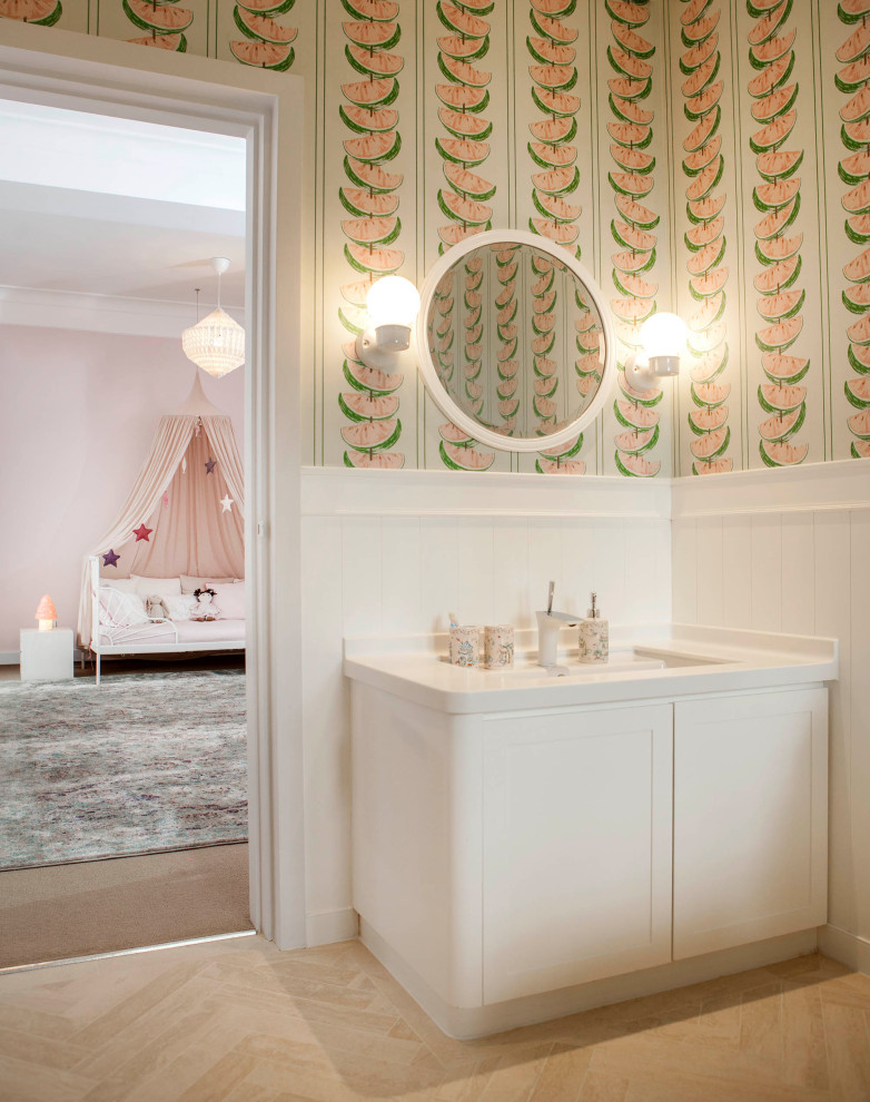 Inspiration for a bohemian bathroom in Other with a built-in bath, a built-in sink and wallpapered walls.