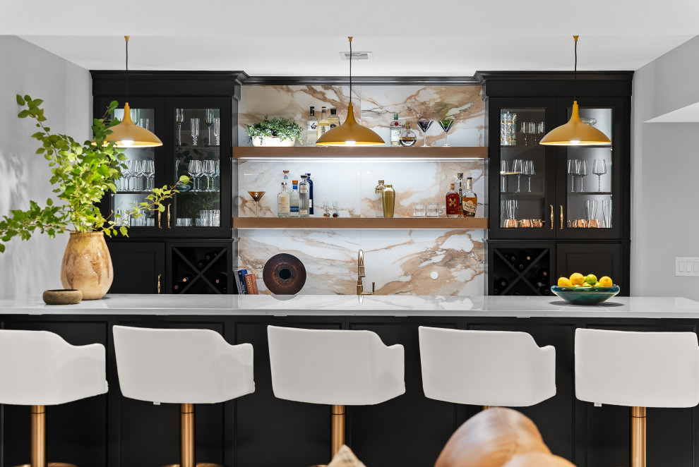 Transitional Home Bar with Quartz Countertop