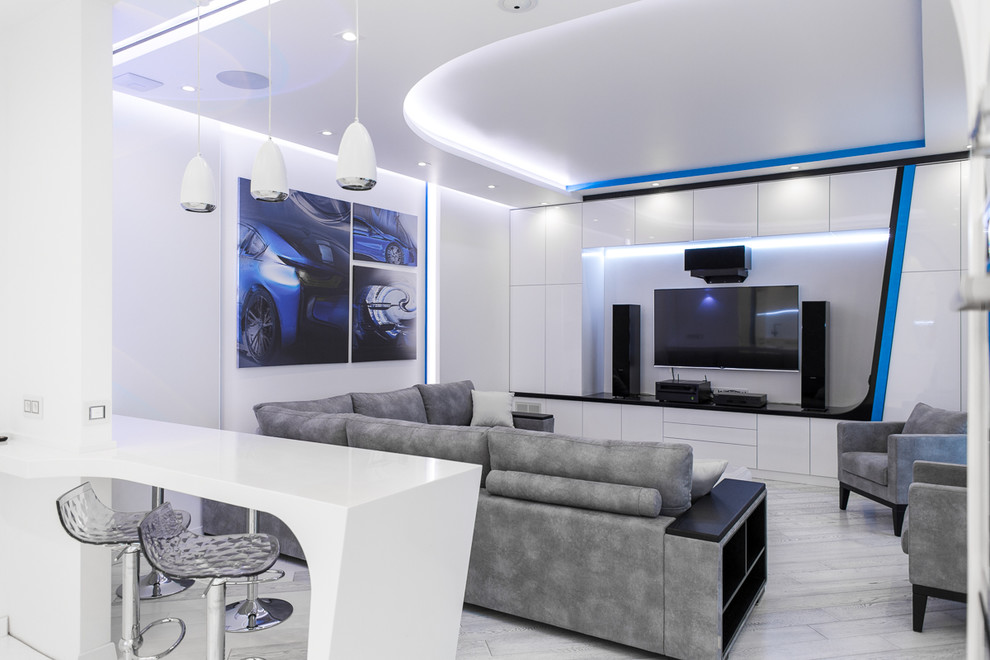 This is an example of a large contemporary formal open concept living room in Moscow with white walls, a wall-mounted tv, light hardwood floors and grey floor.