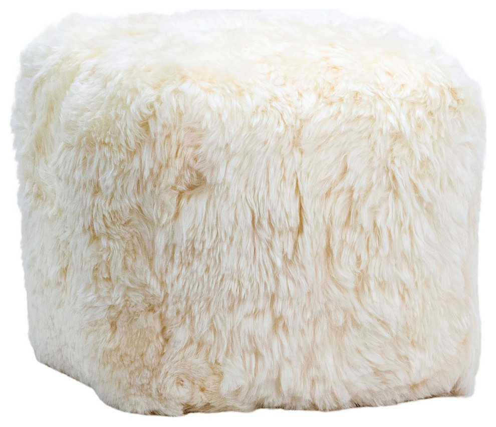 Shorn Sheep Fur Upholstered Pouf, White