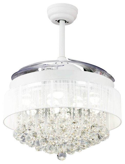 46" Modern Crystal Ceiling Fan Light LED Remote Retractable Chandelier Fan,White 