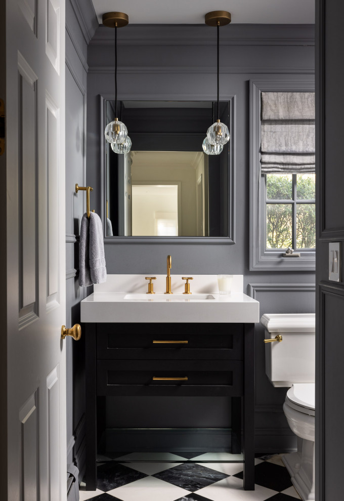 Powder room - mid-sized transitional marble floor powder room idea in New York with shaker cabinets, black cabinets, a one-piece toilet, gray walls, an undermount sink, quartz countertops, white countertops and a built-in vanity