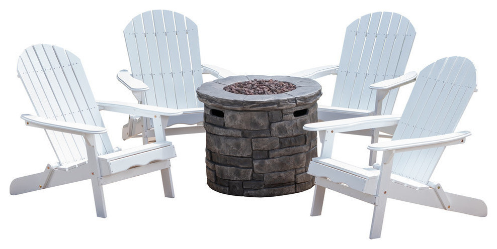 GDF Studio 5-Piece David Outdoor Adirondack Chair Set With Fire Pit, White