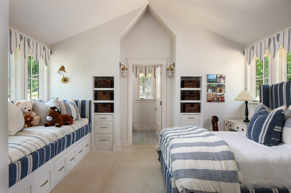 Inspiration for a mid-sized transitional guest bedroom in Birmingham with white walls, carpet, no fireplace and beige floor.